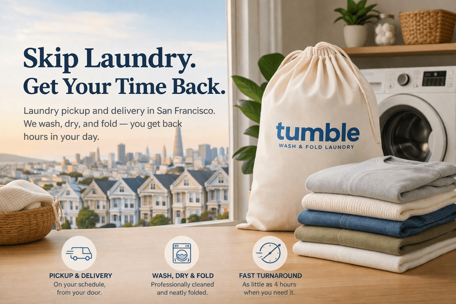 Laundry pickup and delivery in San Francisco. We wash, dry, and fold - you get back hours in your day